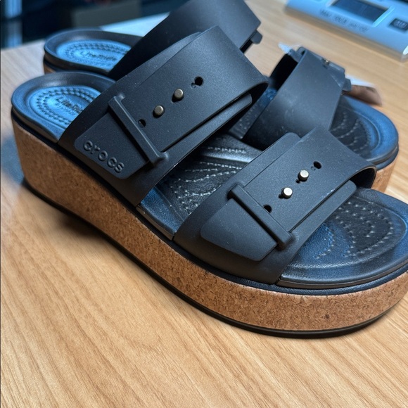 CROCS Women's Black Cork Wedge Sandals - Picture 3 of 3